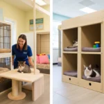 A well-maintained cat boarding facility with cozy individual enclosures, featuring a calm cat resting inside. A friendly staff member is nearby, ensuring the cat's comfort in a clean, bright, and inviting environment.