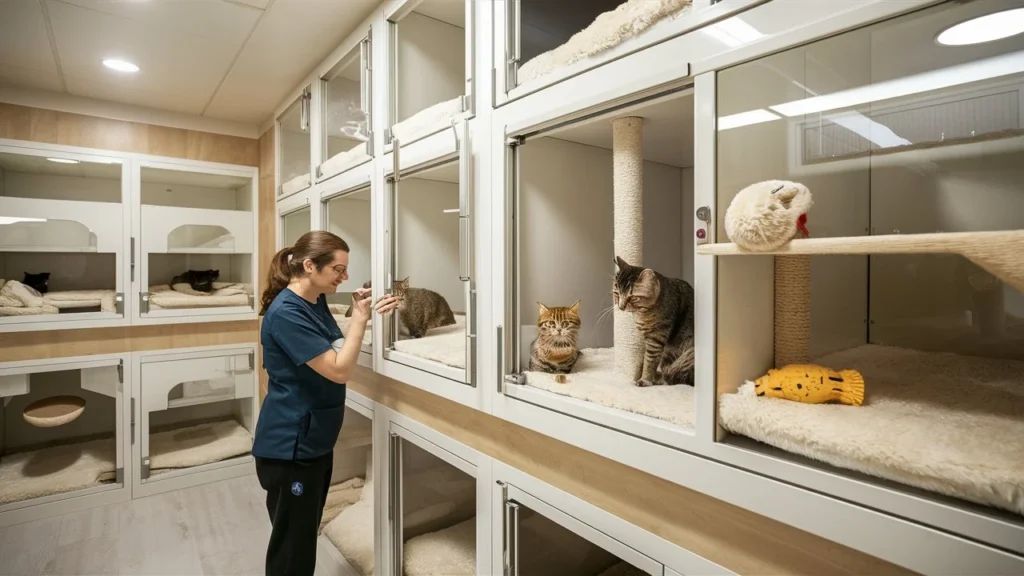 A modern cat boarding facility with spacious enclosures, soft bedding, toys, and a staff member providing attentive care to a cat. The environment is clean, safe, and welcoming.