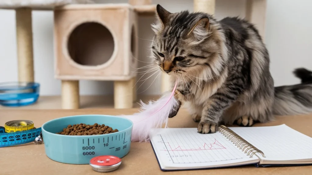 Pet owner feeding multiple cats with different dietary needs, one overweight and one underweight, in a cozy kitchen