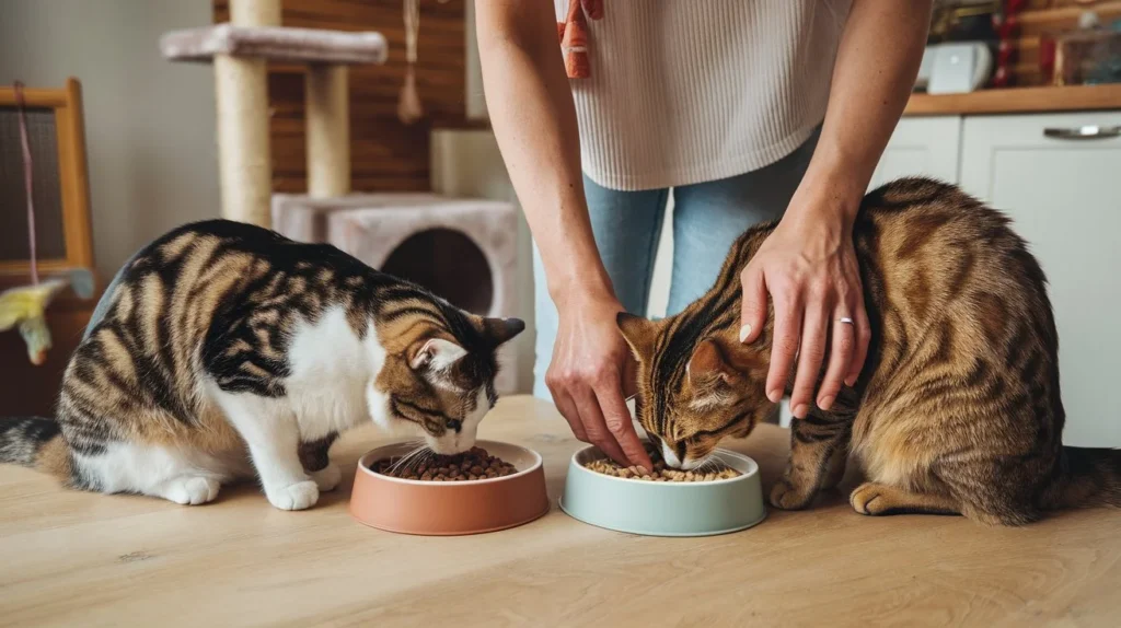 Pet owner managing multiple cats with different dietary needs in a cozy kitchen, one cat overweight and another underweight, each eating from separate bowls.

