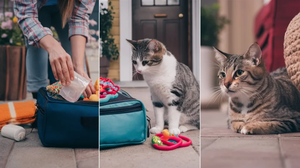 "A cat owner packing a bag with essentials like food, toys, and a blanket, while their cat sits calmly nearby. The scene reflects the preparation for a stay at a cat boarding facility, with a warm and reassuring atmosphere."

