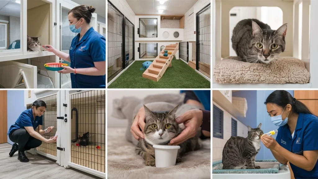 A modern cat boarding facility showcasing services like feeding, personalized care, play areas with toys, and cozy resting spaces. Staff members are seen caring for the cats in a clean, welcoming environment